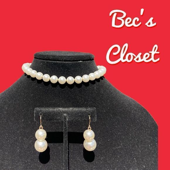 Fashion Costume Jewelry Plastic Pearl Cream Chocker Earring Set - Picture 6 of 6